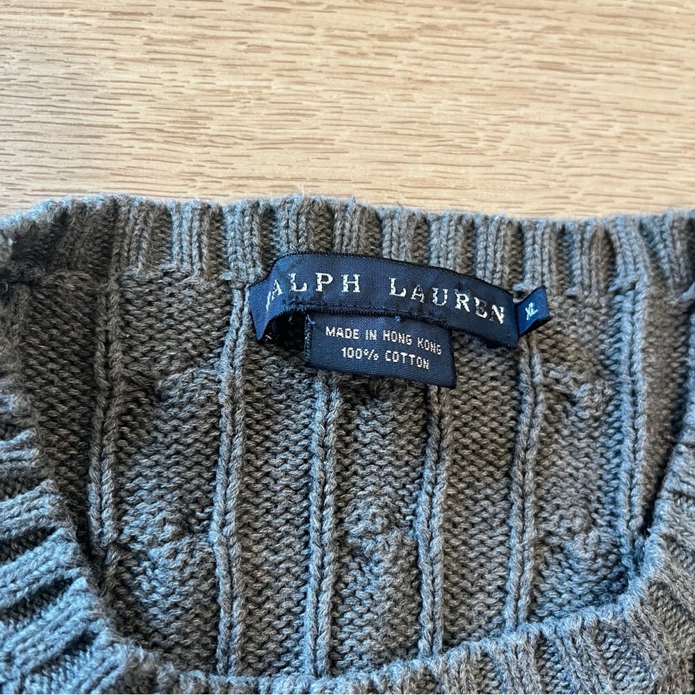 Ralph Lauren Crew Neck Cable Knit Gray Cotton Sweater Preppy Size XL - Picture 3 of 6